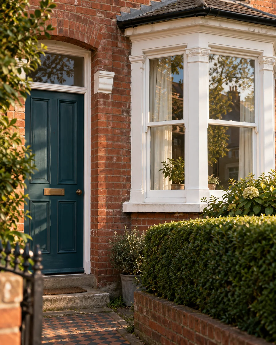 A red-brick English home with a teal front door and white bay window